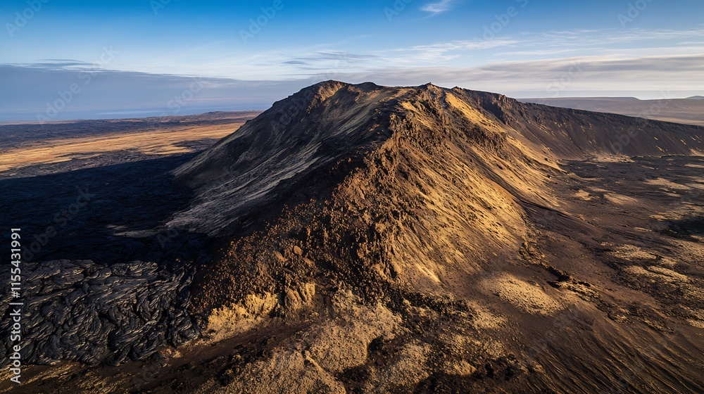 Fototapeta premium Sunlit Volcanic Ridge with Streaked Lava Rocks in an Expansive Barren Landscape : Generative AI