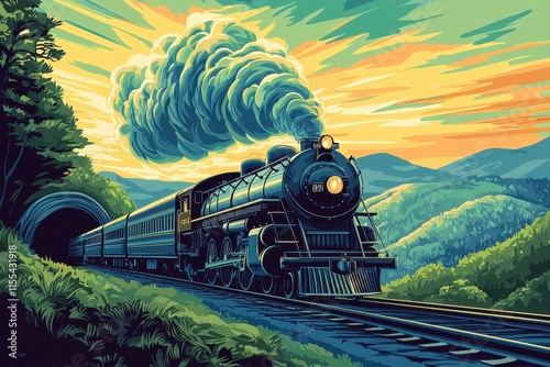 Vintage train journey through scenic landscapes in colorful art style