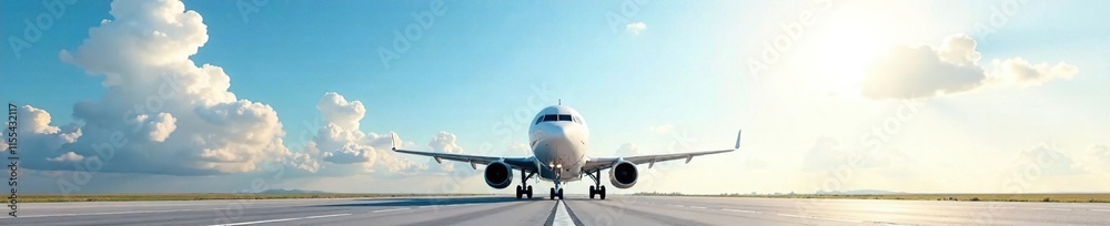 Airplane in white background with sunny sky and fluffy clouds, blue sky, airplane on runway Airplane in white background with sunny sky and fluffy clouds, blue sky, airplane on runway