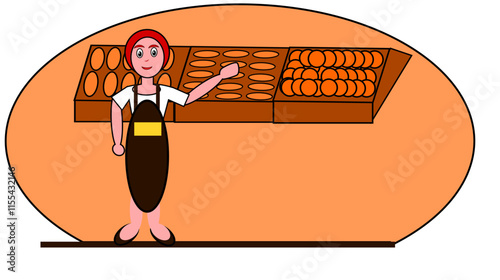 A bakery with a woman with red hair who presents the bread and bread rolls.