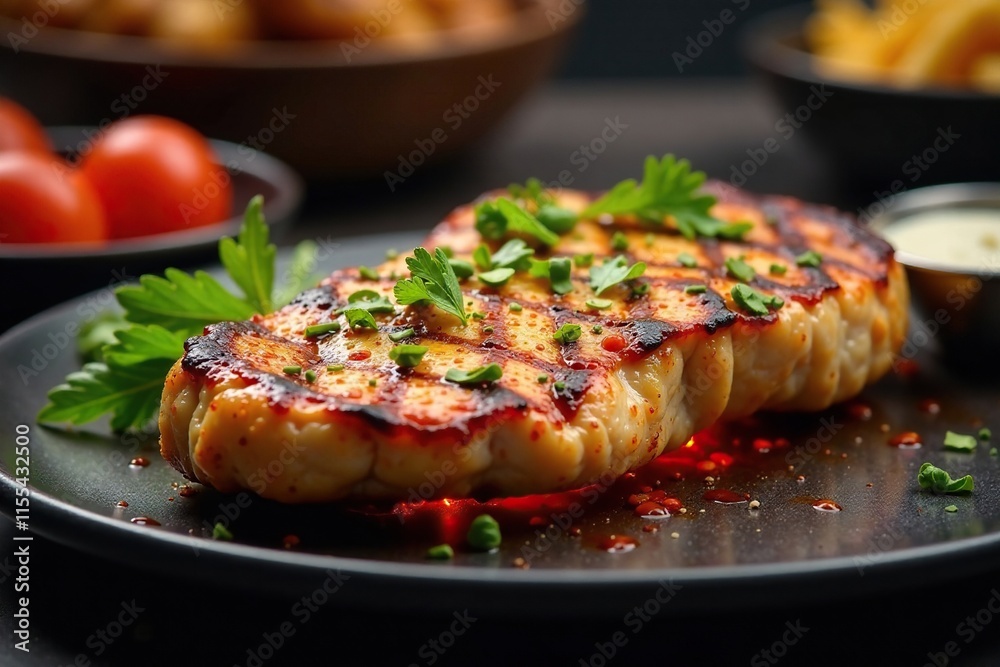 A juicy chicken steak sizzling on a hot plate, grilled-chicken-steak, restaurant, warm-toned A juicy chicken steak sizzling on a hot plate, grilled-chicken-steak, restaurant, warm-toned