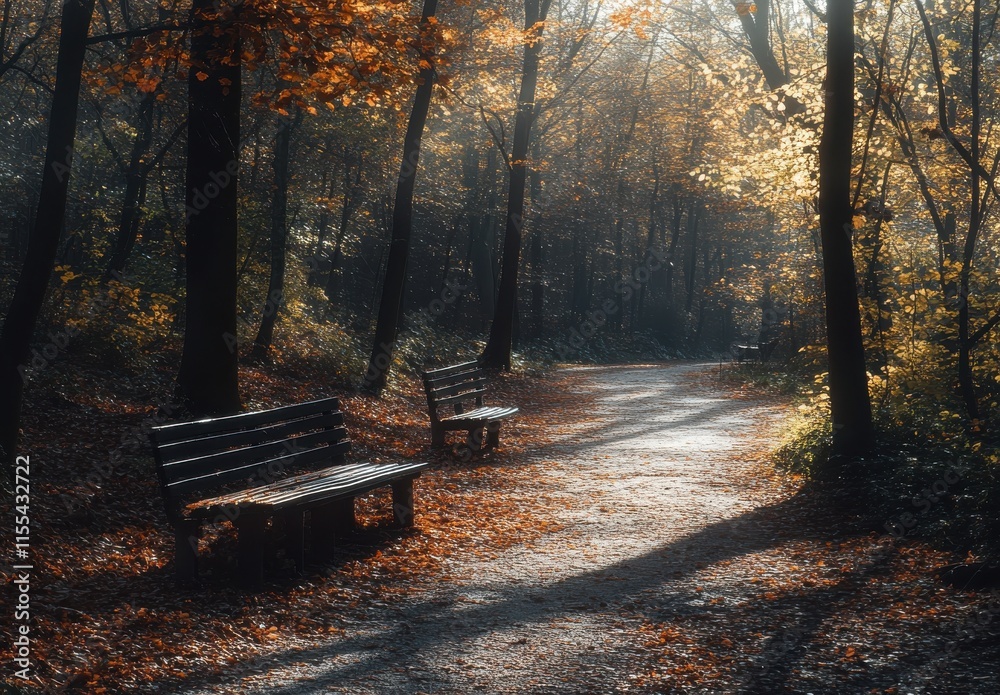 Serene Autumn Pathway in Forest with Sunlit Trees and Benches Surrounded by Colorful Foliage Creating a Peaceful and Tranquil Atmosphere for Reflection Serene Autumn Pathway in Forest with Sunlit Trees and Benches Surrounded by Colorful Foliage Creating a Peaceful and Tranquil Atmosphere for Reflection