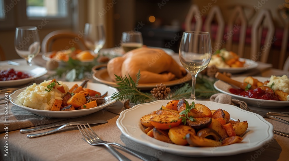 Holiday Table Setting with Roasted Turkey and Side Dishes Holiday Table Setting with Roasted Turkey and Side Dishes