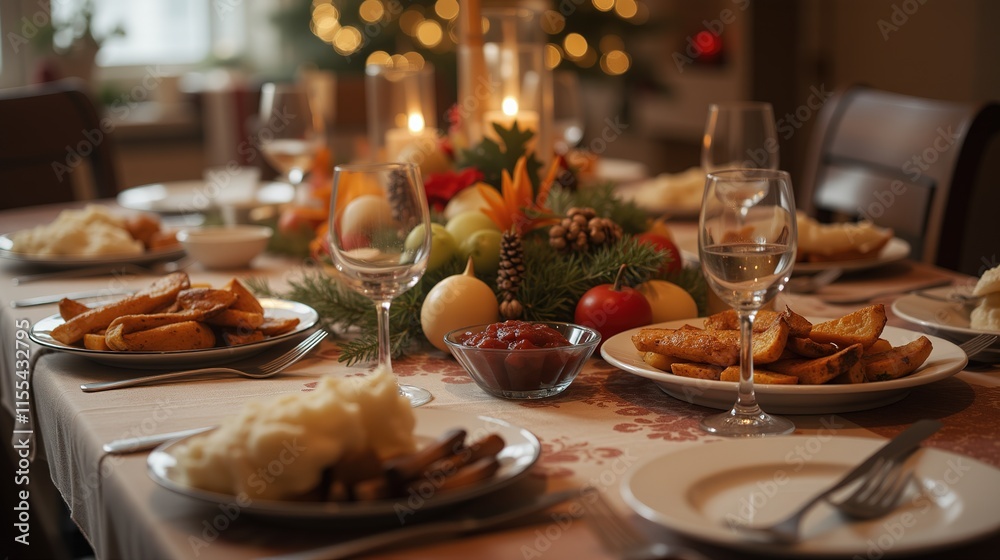 Naklejka premium Holiday Table Setting with Roasted Turkey and Side Dishes