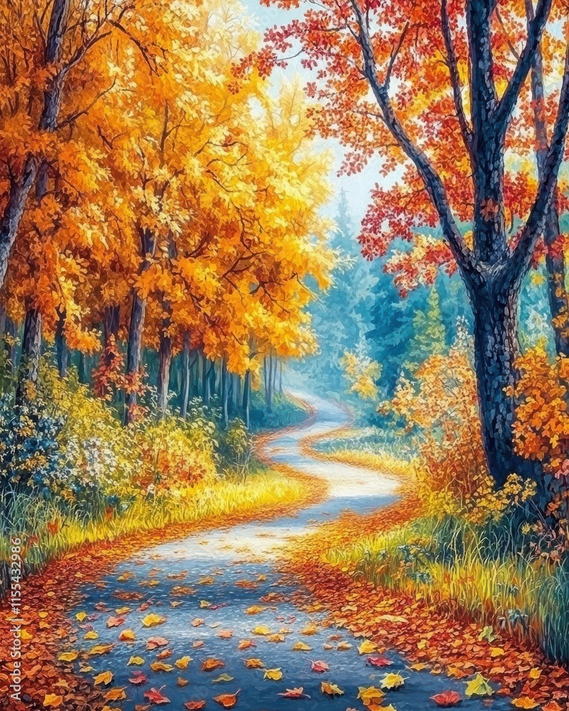 Naklejka premium Serene Autumn Pathway through Vibrant Trees with Colorful Foliage and Soft Light in a Tranquil Forest Setting During the Fall Season