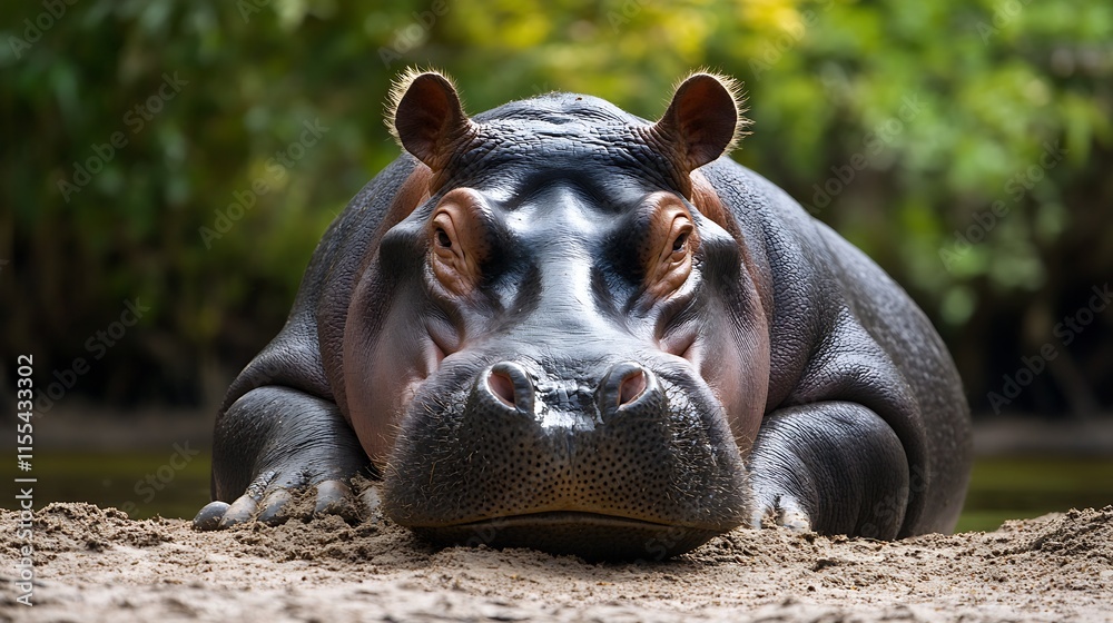 Content Hippopotamus Sleeping Peacefully on Sandy Riverbank in Lush Habitat : Generative AI Content Hippopotamus Sleeping Peacefully on Sandy Riverbank in Lush Habitat : Generative AI