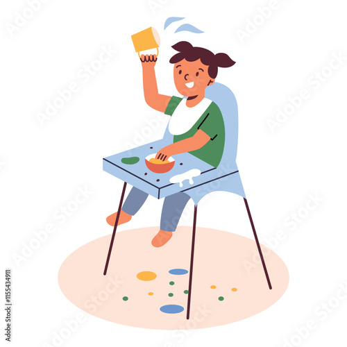 Vector illustration of happy child in high chair playing with food, baby girl spilling and eating messily. Cartoon style, flat design, ideal for kids, parenting, or mealtime concepts