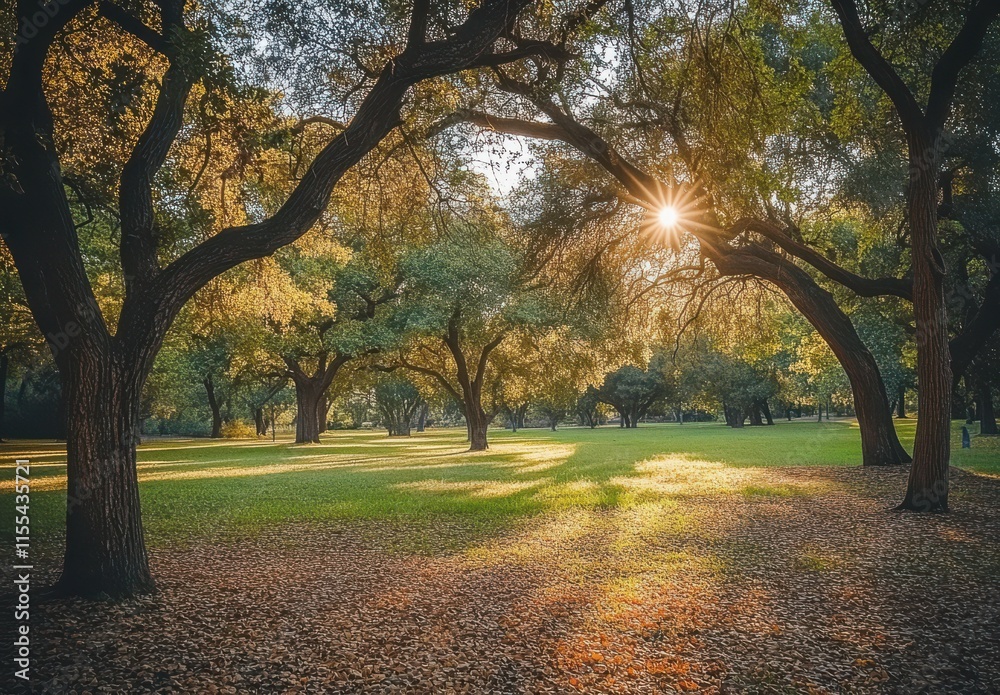 Naklejka premium Serene Golden Hour in a Lush Green Park Surrounded by Majestic Trees and Sunlight Filtering Through the Leaves, Evoking Peace and Tranquility in Nature