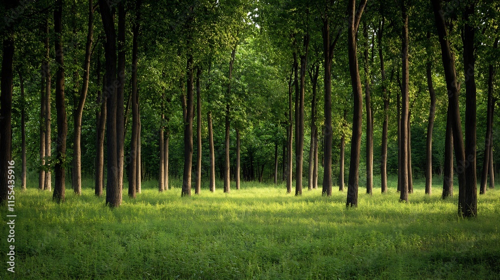 Sublime Green Forest with Sunlit Glade Among Tall Trees for Nature Lovers and Recreation : Generative AI Sublime Green Forest with Sunlit Glade Among Tall Trees for Nature Lovers and Recreation : Generative AI