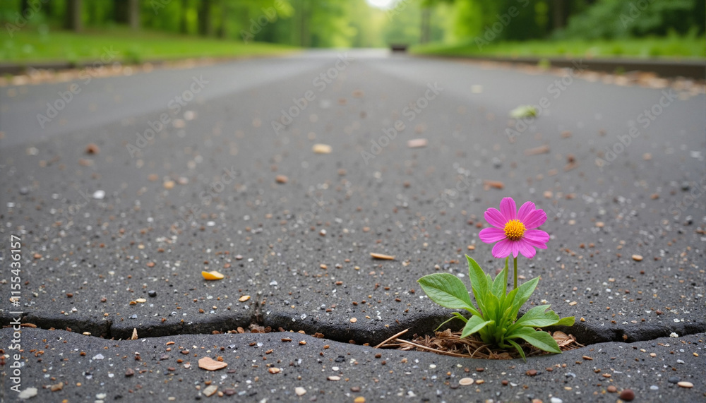 Pink flower growing through cracks in a paved path , International Earth Day Theme, International Women's Day March 8 Pink flower growing through cracks in a paved path , International Earth Day Theme, International Women's Day March 8