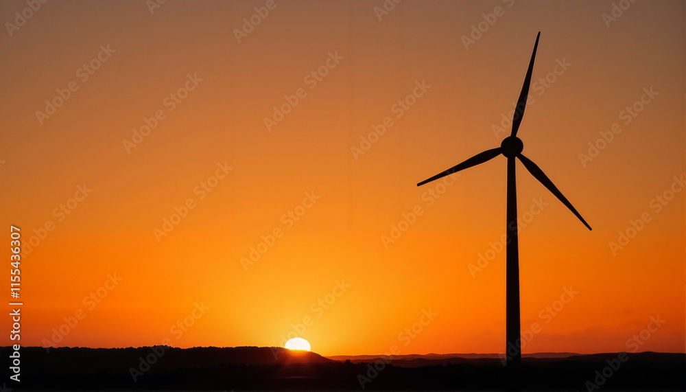 Silhouette of a wind turbine against a vibrant sunset sky, International Earth Day Theme Silhouette of a wind turbine against a vibrant sunset sky, International Earth Day Theme