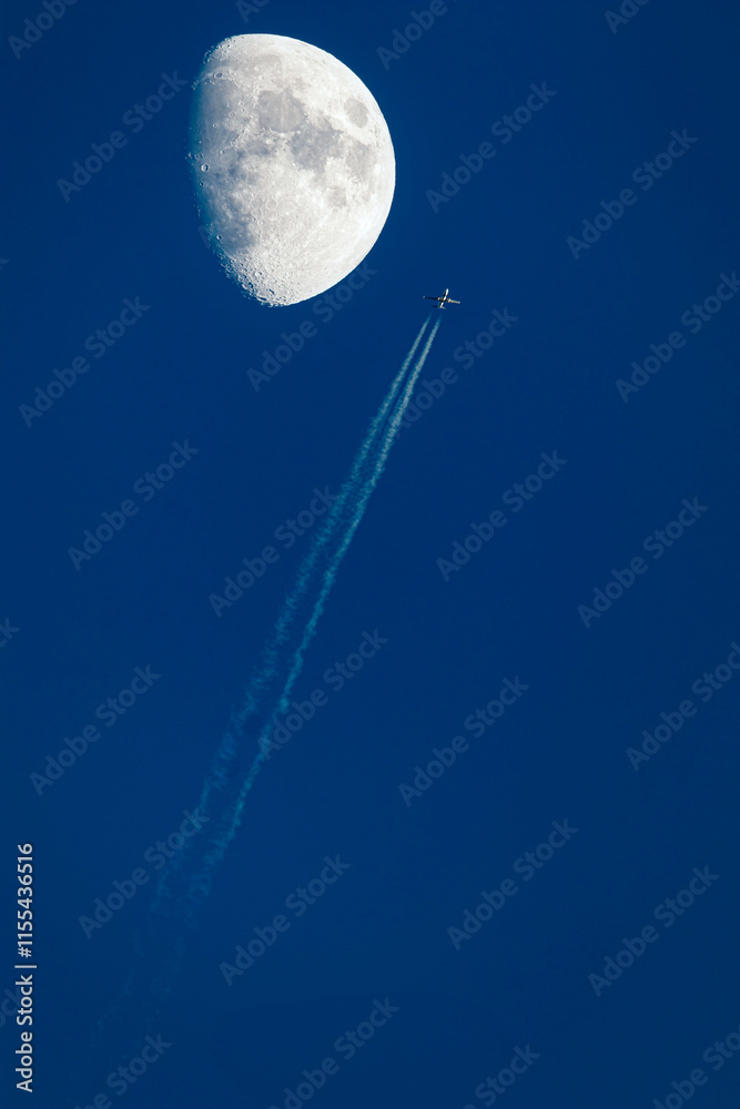 Fototapeta premium Flying plane and crescent moon.