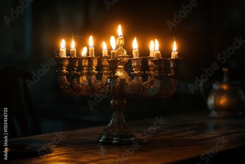 Antique menorah with burning candles on wooden table. photo