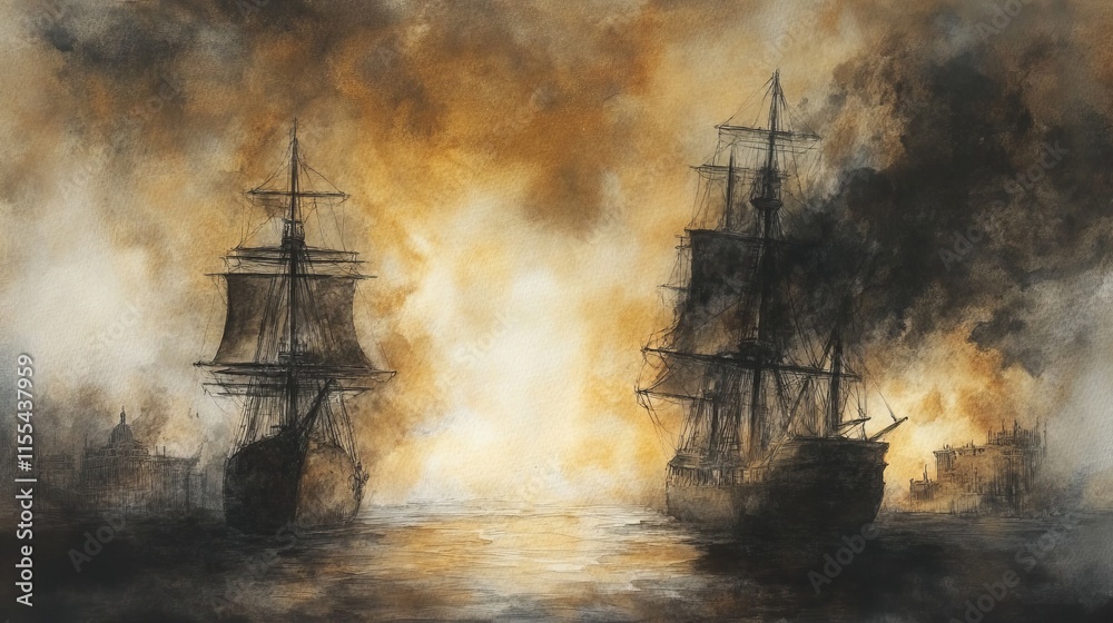 Fototapeta premium Two ships in a dramatic seascape, engulfed in smoke and illuminated by a fiery sky.