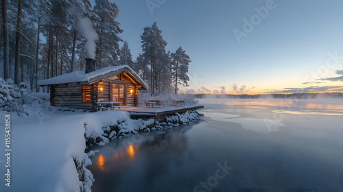Serene lakeside winter landscape, rustic wooden sauna cabin, steam from chimney, frozen lake, snow-covered shore, winter wilderness, Nordic scenery, morning mist, snow-capped pine trees.