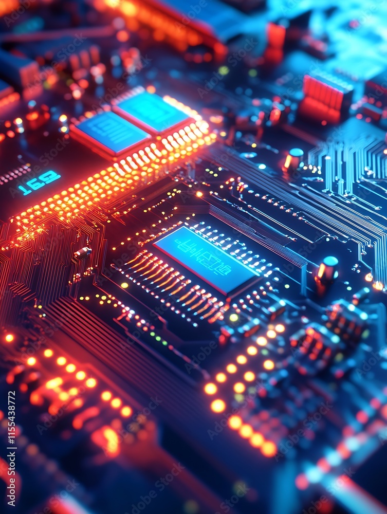 Vibrant Electronic Circuit Board with Glowing Microchips and Traces : Generative AI Vibrant Electronic Circuit Board with Glowing Microchips and Traces : Generative AI