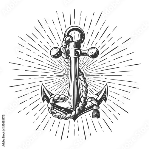 Vintage anchor tattoo with sun rays isolated on white background. Engraving of anchor with ropes. Vector illustration