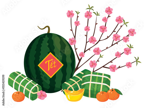 Vietnamese new year concept. Translation "Tet": Lunar new year. Flat style design. Concept holiday card, poster, banner.