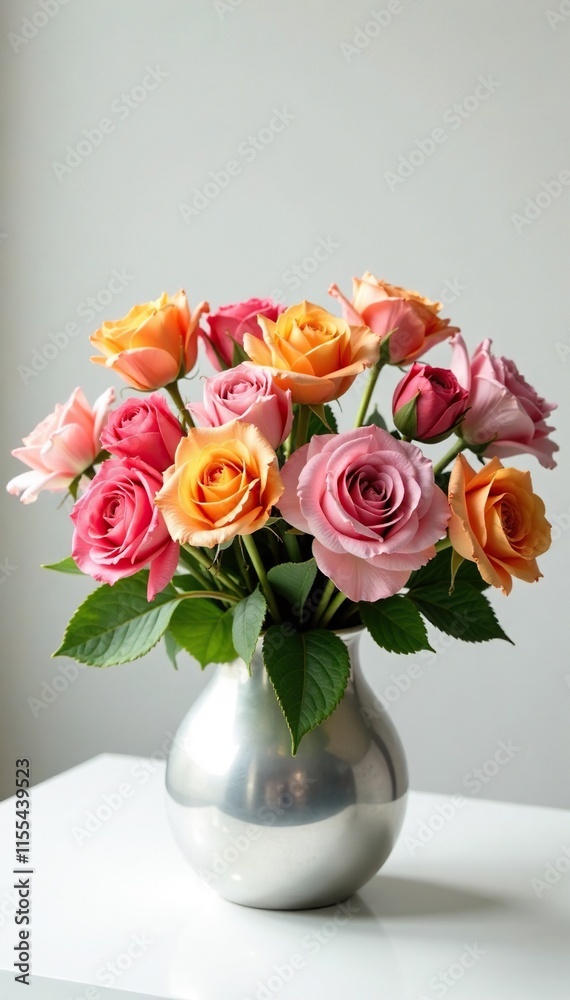 An elegant arrangement of colorful roses and tulips in a modern silver vase with a neutral white background, flower arrangement, flower vase An elegant arrangement of colorful roses and tulips in a modern silver vase with a neutral white background, flower arrangement, flower vase