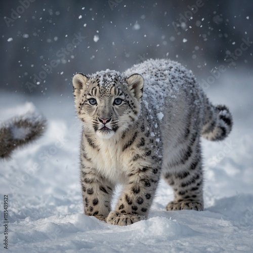 A snow leopard cub playing in the snow.