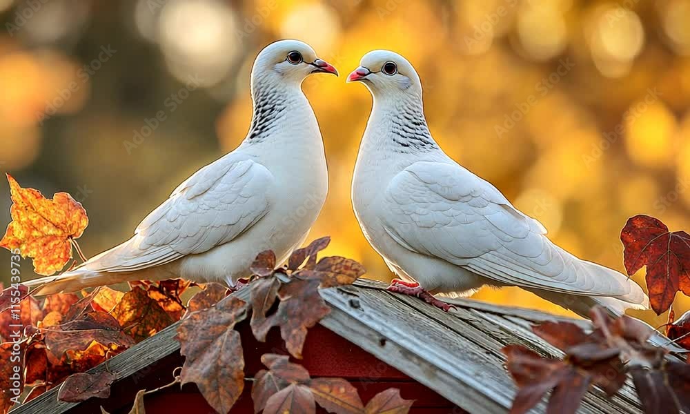 Two white doves facing each other on a wooden surface, surrounded by autumn leaves.