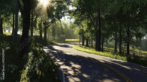 Sunlit Winding Road Through Lush Green Forest Summer Drive