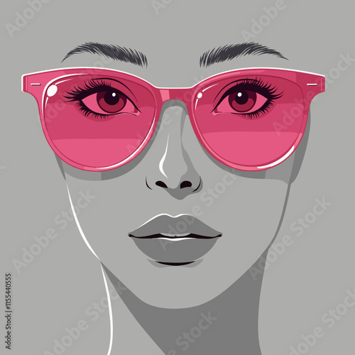 Face of a woman in a pink transparent eyeglass