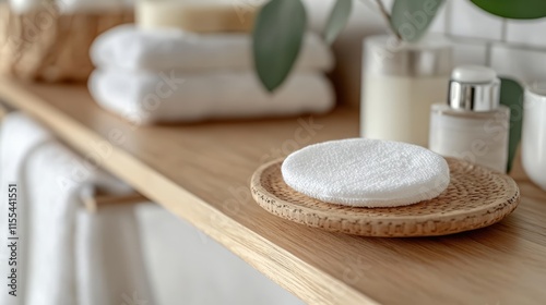 a close-up of a damp cotton pad on a bamboo plate with cosmetics in a minimalist bathroom photo