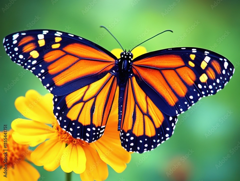 Obraz premium Stunning close-up of a vibrant orange and black butterfly perched on a bright yellow flower, showcasing detailed wings and nature's beauty in a soft blurred background