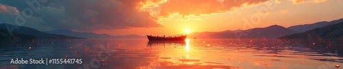 Ark resting on calm lake surface at sunset with gentle ripples, heavens, ark