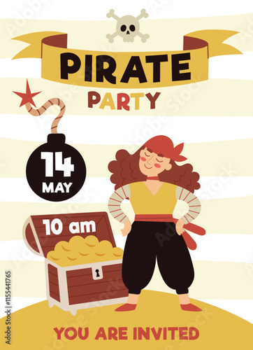 Pirate party invitation, birthday.A card for a children's party.Pirate ship, skull, crab, treasure chest. Cartoon Flat illustrations