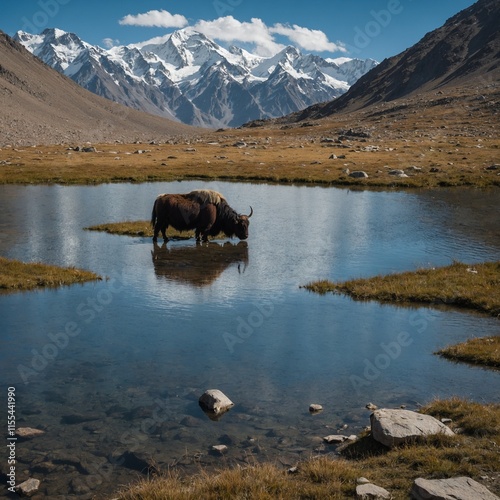 A yak grazing near a high-altitude lake.