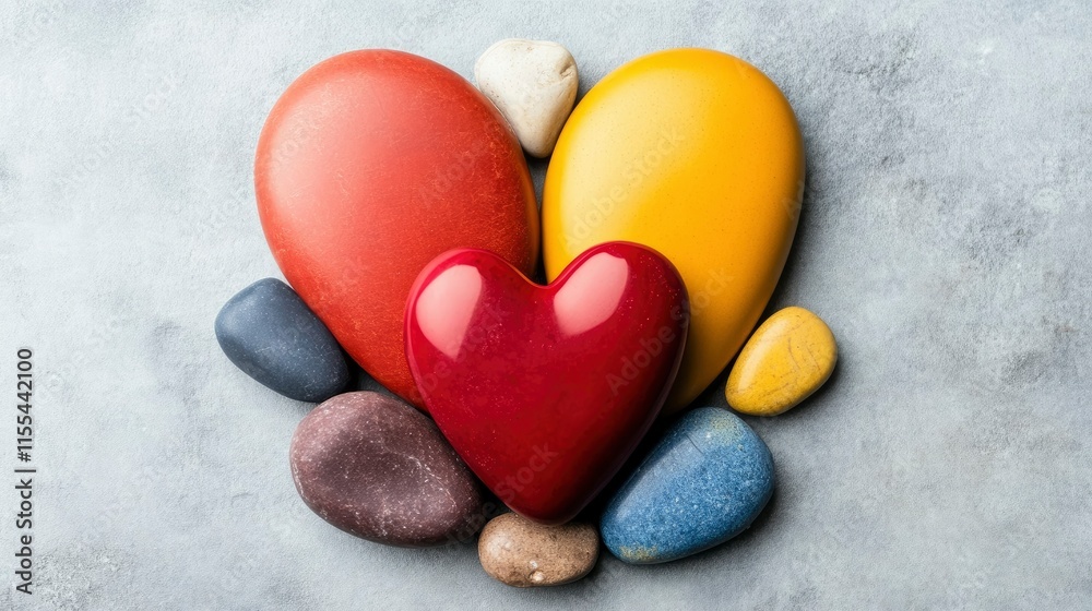 Obraz premium Colorful Heart-Shaped Stones Arrangement on Grey Background