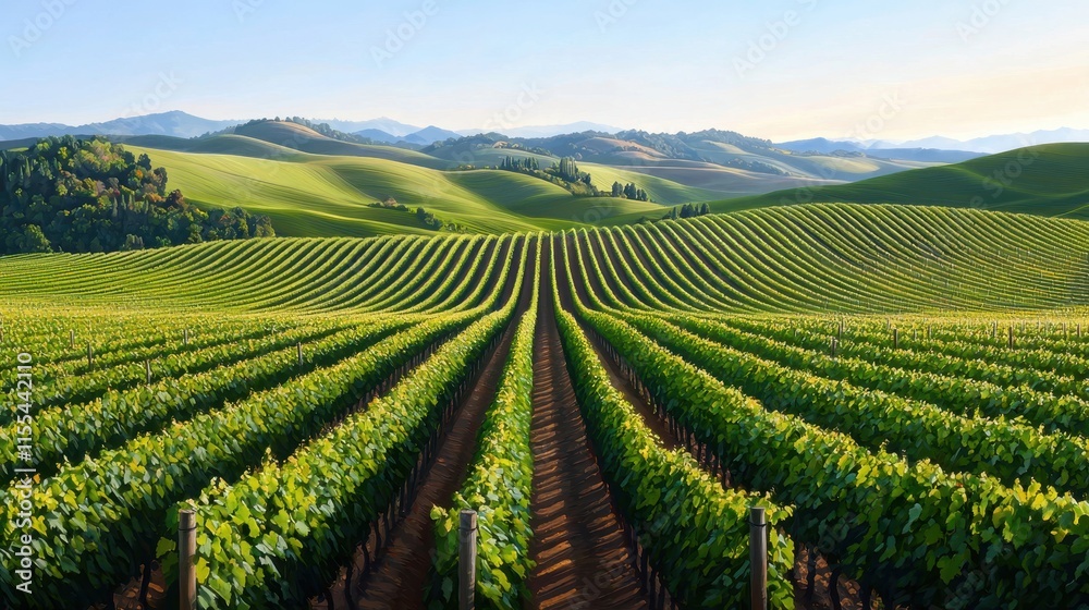 Fototapeta premium Rolling Hills Vineyard Landscape Lush Green Vines Agriculture Nature