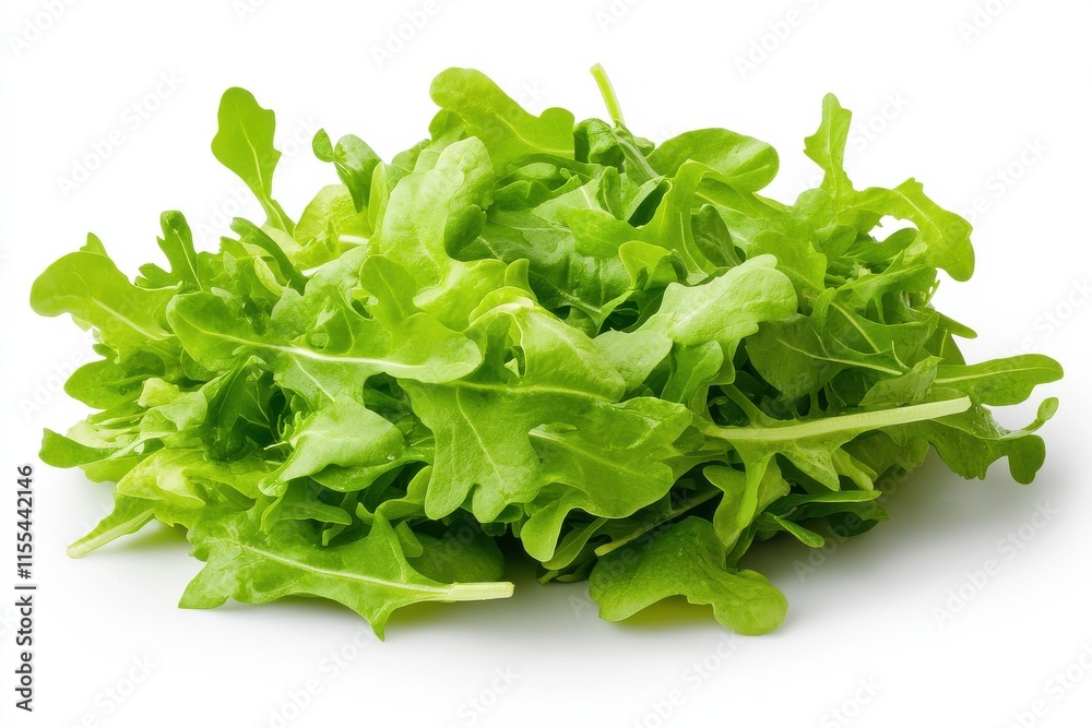 A pile of fresh green arugula leaves displayed on a white background, perfect for salads and healthy meal preparation. A pile of fresh green arugula leaves displayed on a white background, perfect for salads and healthy meal preparation.
