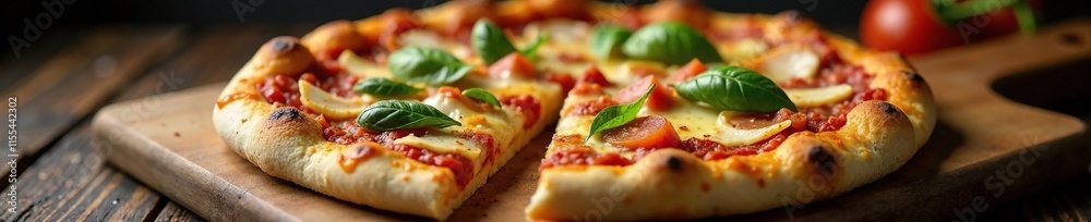 Artisanal pizza being sliced on a wooden cutting board, topping, wood grain Artisanal pizza being sliced on a wooden cutting board, topping, wood grain