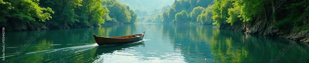 A single wooden boat glides effortlessly across the serene river, peaceful, river, boat