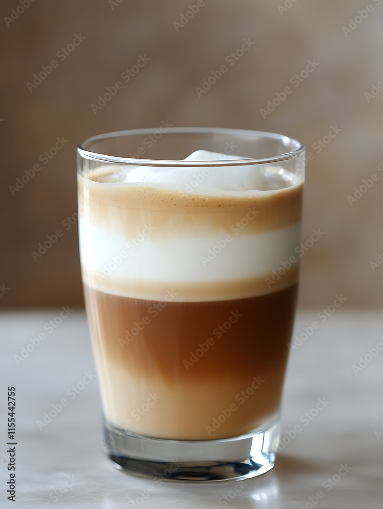 Perfectly Layered Latte Macchiato with Smooth Creamy Froth in Tall Glass on Marble Surface : Generative AI Perfectly Layered Latte Macchiato with Smooth Creamy Froth in Tall Glass on Marble Surface : Generative AI