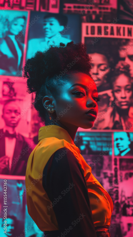 Young woman standing tall with historical icons in the background: Black History Month Young woman standing tall with historical icons in the background: Black History Month