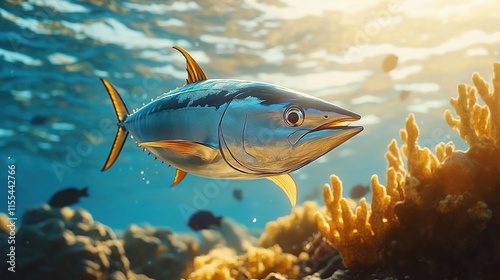 A tuna fish swimming in the ocean, with a coral reef background photo