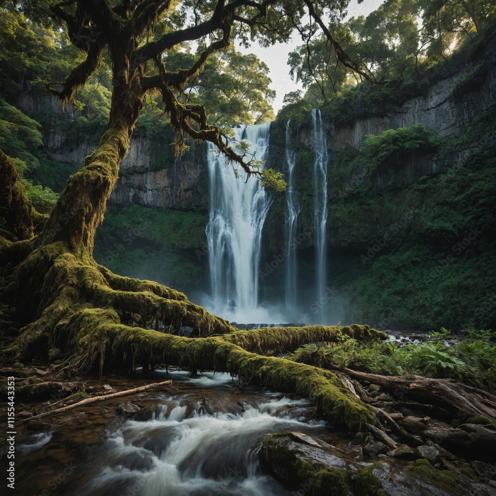 Fototapeta premium A giant tree with a cascading waterfall in the background.