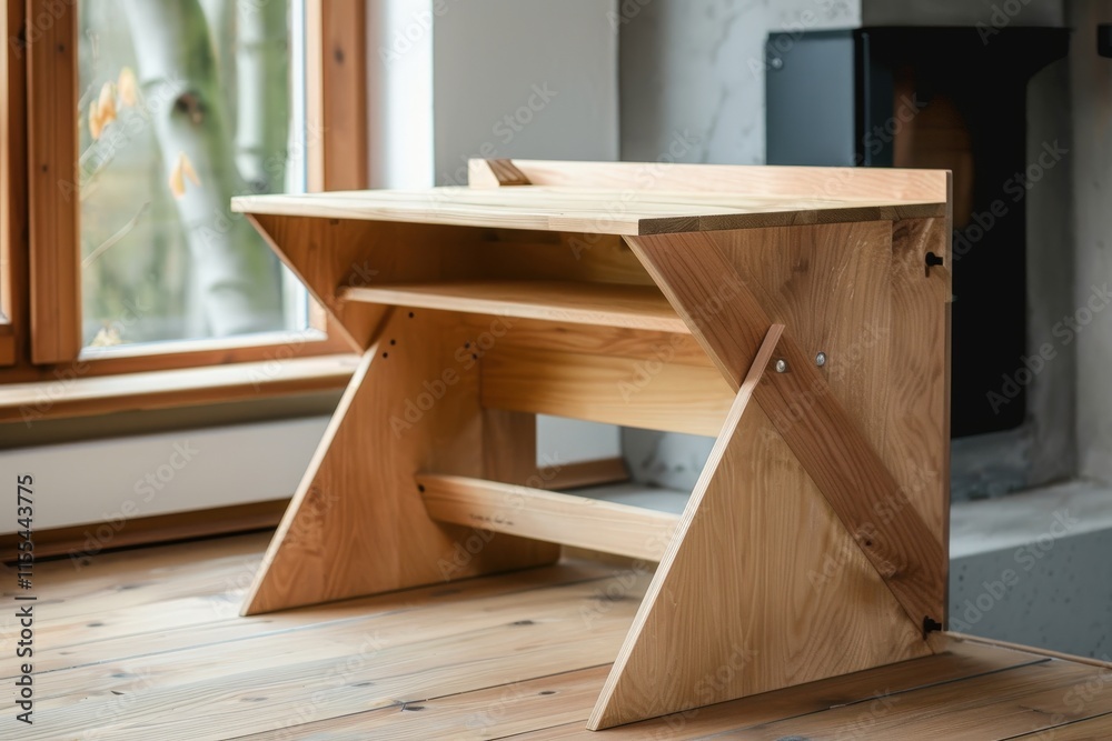 Modern wooden desk with laptop and stationery in a bright, minimalist workspace during the afternoon Modern wooden desk with laptop and stationery in a bright, minimalist workspace during the afternoon