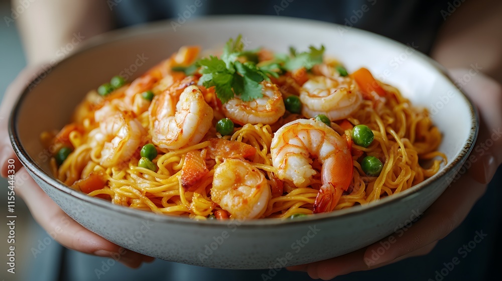 Shrimp fried noodles in white ceramic bowl, hands holding bowl, Asian cuisine, stir-fried yellow noodles, fresh prawns, green peas, diced carrots, appetizing food photography, warm golden tones. Shrimp fried noodles in white ceramic bowl, hands holding bowl, Asian cuisine, stir-fried yellow noodles, fresh prawns, green peas, diced carrots, appetizing food photography, warm golden tones.