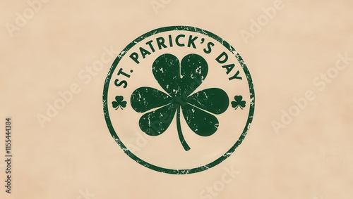 Vintage distressed St. Patrick Day clover stamp design with circular layout on beige background