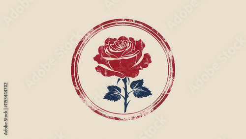 vintage style red rose illustration is enclosed in distressed circular stamp design