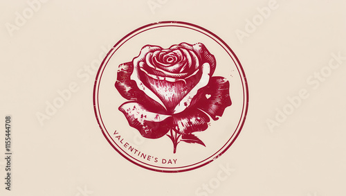 Vintage style red rose illustration in circular stamp design with Valentine Day text on beige background