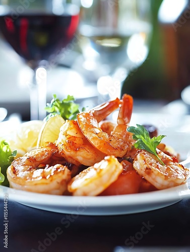 Wallpaper Mural Grilled Shrimp on White Plate with Lemon and Parsley in Elegant Dining Setting : Generative AI Torontodigital.ca