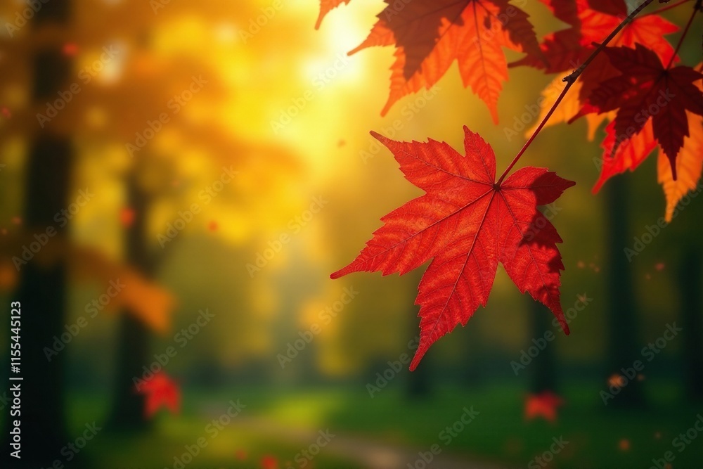 A vibrant red maple leaf floats gently downwards amidst a sea of golden sunlight and green foliage, tree, natural world, maples A vibrant red maple leaf floats gently downwards amidst a sea of golden sunlight and green foliage, tree, natural world, maples