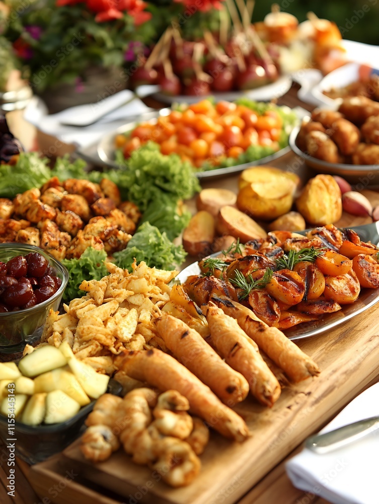 Obraz premium Delicious Outdoor Buffet Spread with Assorted Appetizers and Savory Finger Foods : Generative AI