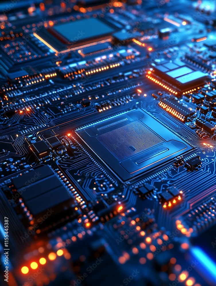 Fototapeta premium Modern Microprocessor and Circuit Board Design with Illuminated Node Lines : Generative AI